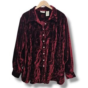 Vintage Velvet Button Up Top Embroidered Red 22/24 Whimsigoth Valentine's Day